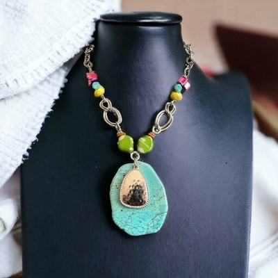 Studio S Rainbow Gemstone Beaded Necklace W/ Turquoise Pendant Adjustable 18-20